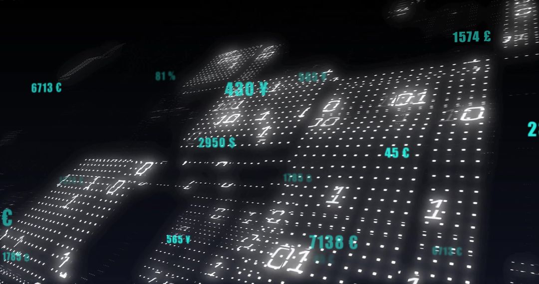 Digital Binary Code with Financial Data and Cryptocurrency Symbols