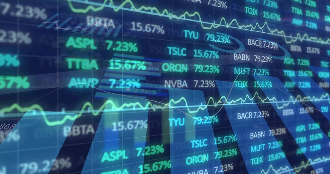 Neon Financial Dashboard Showing Digital Stock Tickers, Percent Changes and Line Charts