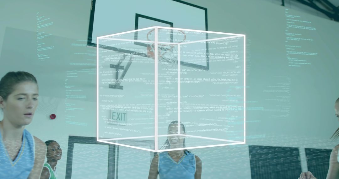 Holographic Data Cube Hovering Over Basketball Court Showing Performance Analytics