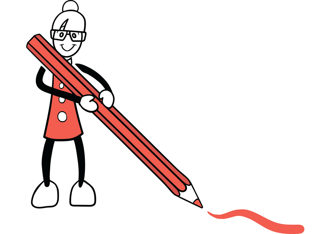 Playful Female Figure Holding Giant Red Pencil on Transparent Background