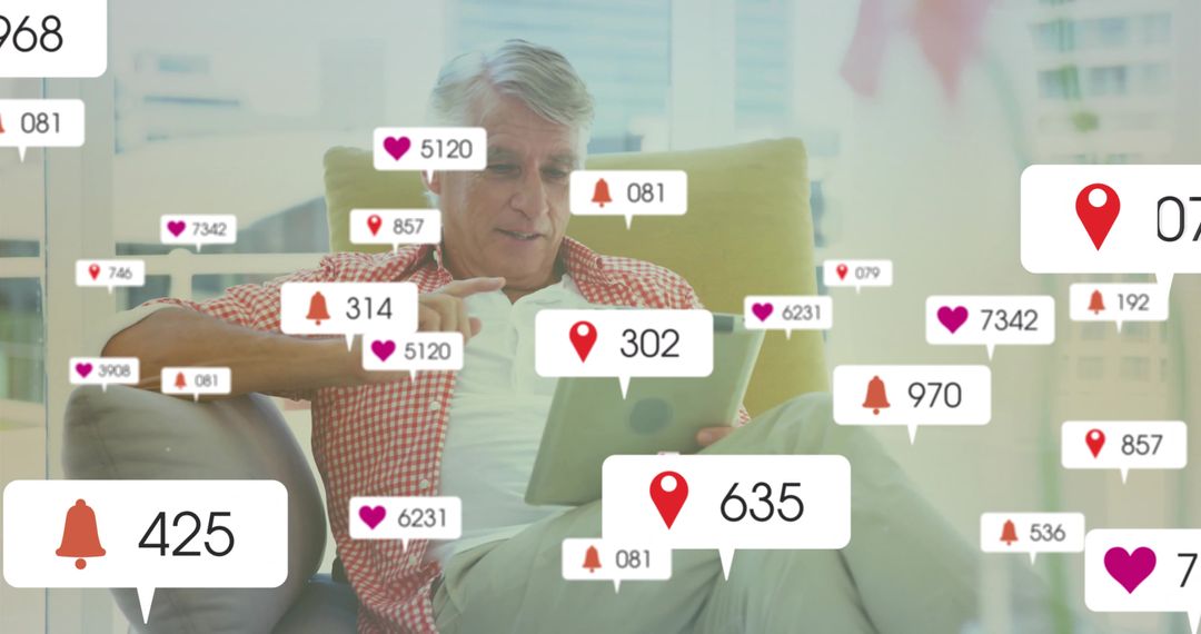 Senior Engaging with Tablet Surrounded by Digital Notifications