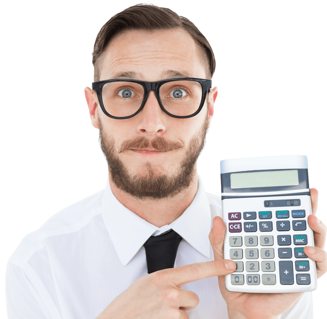 Transparent Geeky Businessman Pointing to Calculator with Surprised Expression - Download Free Stock Images Pikwizard.com