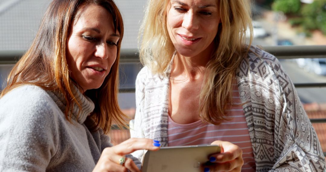 Two Women Using Digital Tablet on Outdoor Balcony - Free Images, Stock Photos and Pictures on Pikwizard.com