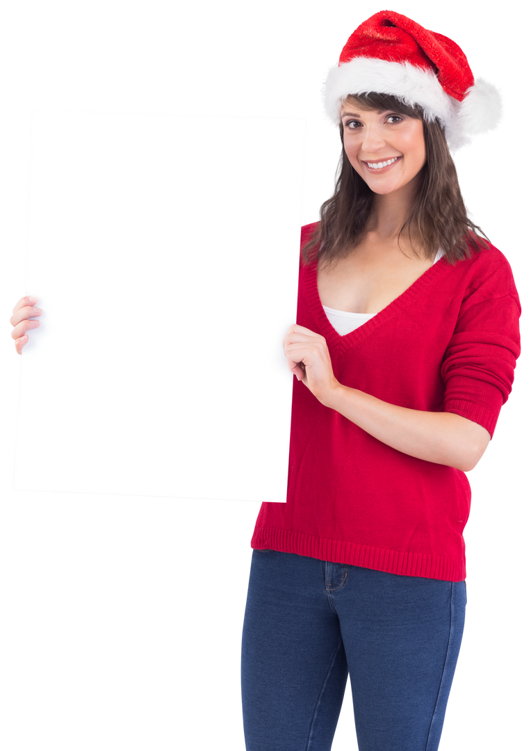 Smiling Woman in Santa Hat Holding Blank Poster Isolated Transparent Background - Download Free Stock Images Pikwizard.com