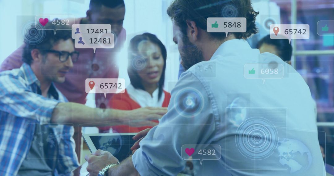 Team Analyzing Social Media Metrics on Tablet with Icon Overlays
