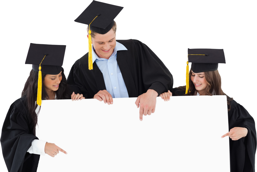 Happy Graduates Pointing to Blank Sign, Transparent Background - Download Free Stock Images Pikwizard.com