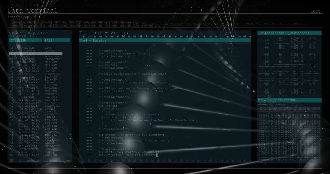 Dark-Themed Hacking Terminal with Code Panels