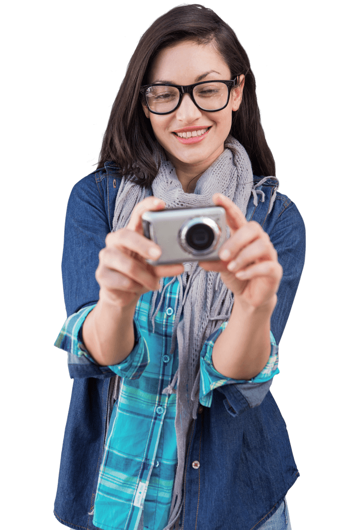 Caucasian Woman Taking Pictures with Camera on Transparent Background