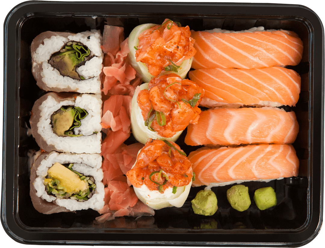Transparent Sushi Platter with Fresh Salmon and Avocado Rolls