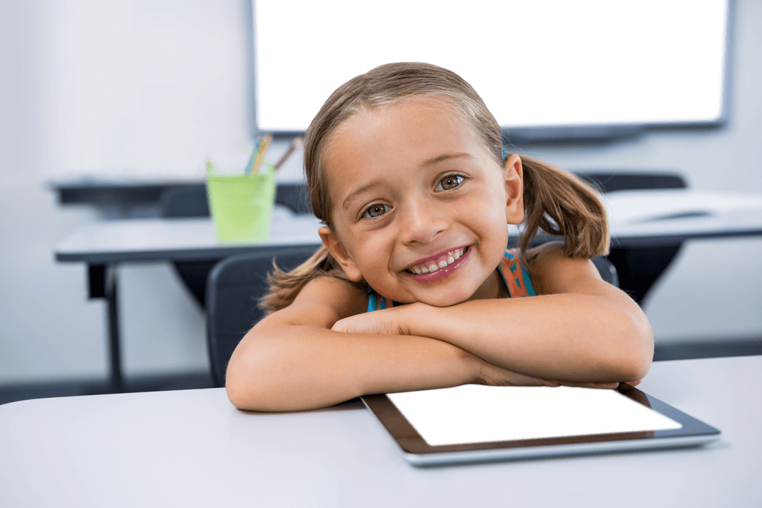 Smiling Girl with Tablet in Classroom on Transparent Background