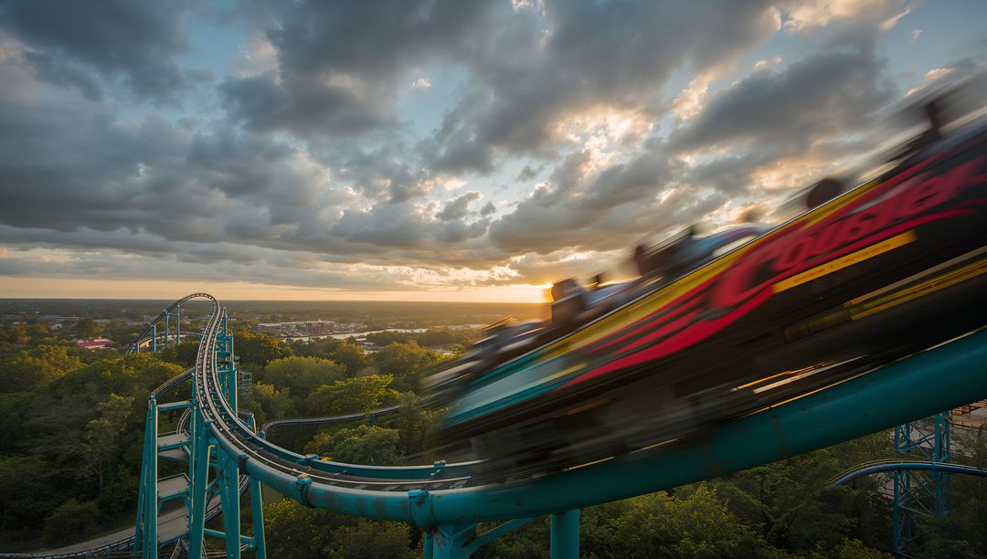 Dynamic Roller Coaster Ride Thrilling Adventure at Dusk