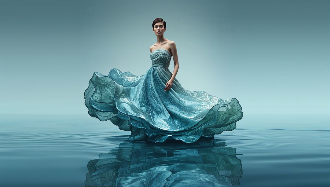 Ethereal model standing on mirrored water wearing flowing teal gown, reflecting silhouette