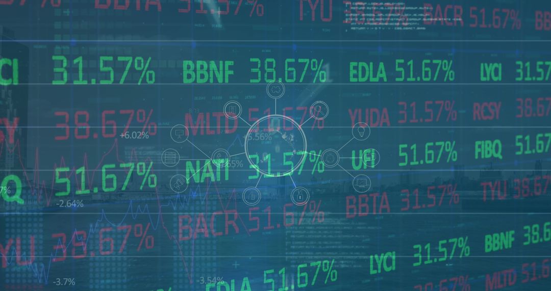Cityscape Overlaid with Stock Market Data and Digital Interface