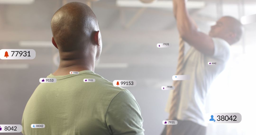 Trainer Observing Gymnast’s Routine Surrounded by Digital notifications