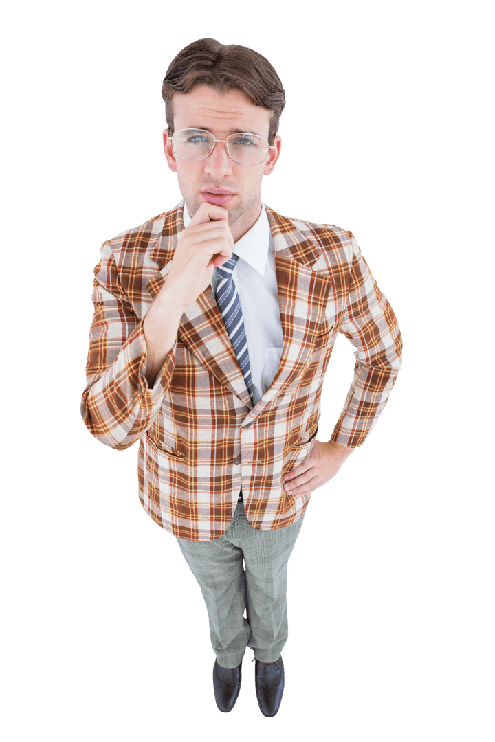 Transparent Stylish Retro Hipster Deep in thought with Plaid Suit and Glasses