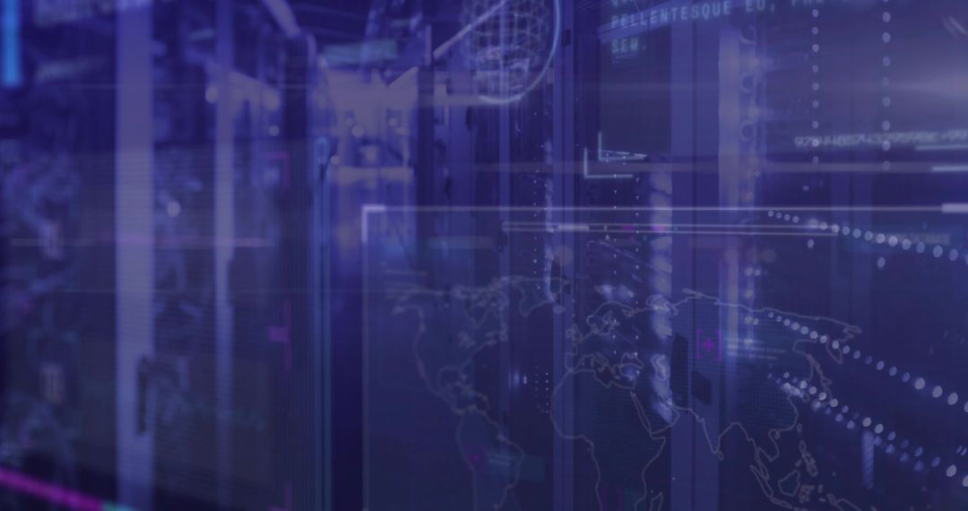 Futuristic Data Center with World Map and Network Connections