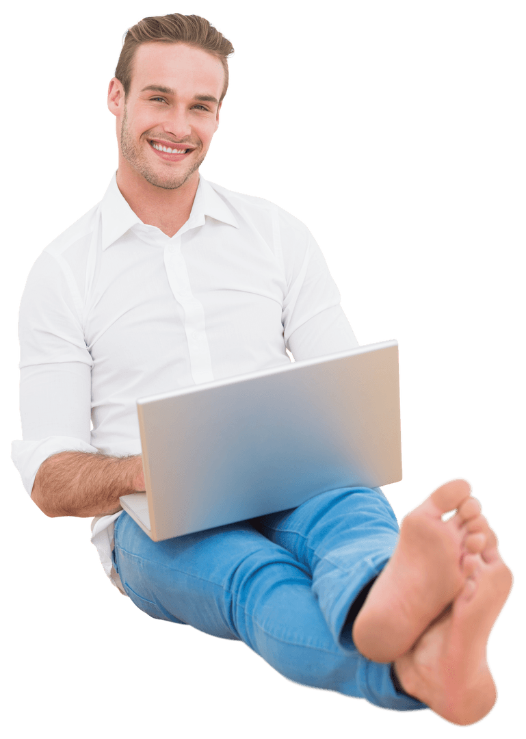 Smiling Man with Laptop on Transparent Background, Relaxed Sitting Pose