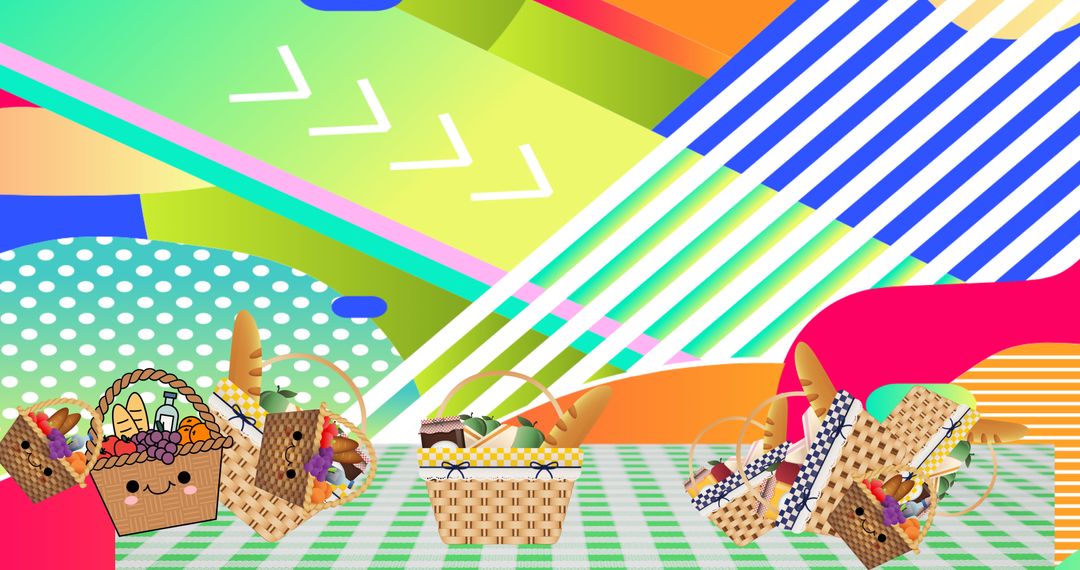 Colorful Picnic Baskets on Artistic Abstract Background