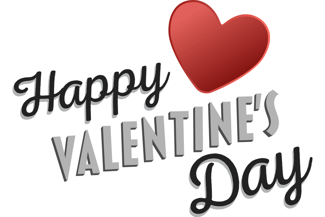 Valentine's Day Cheerful Text with Red Heart on Transparent Background