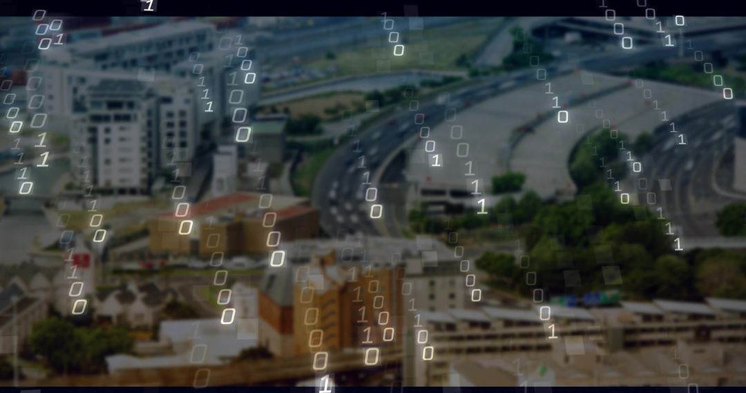 Smart City Highway Interchange with Binary Data Overlay Imagery