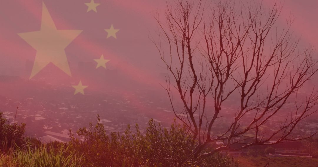 China National Flag Overlooking Foggy Cityscape with Tree Silhouette