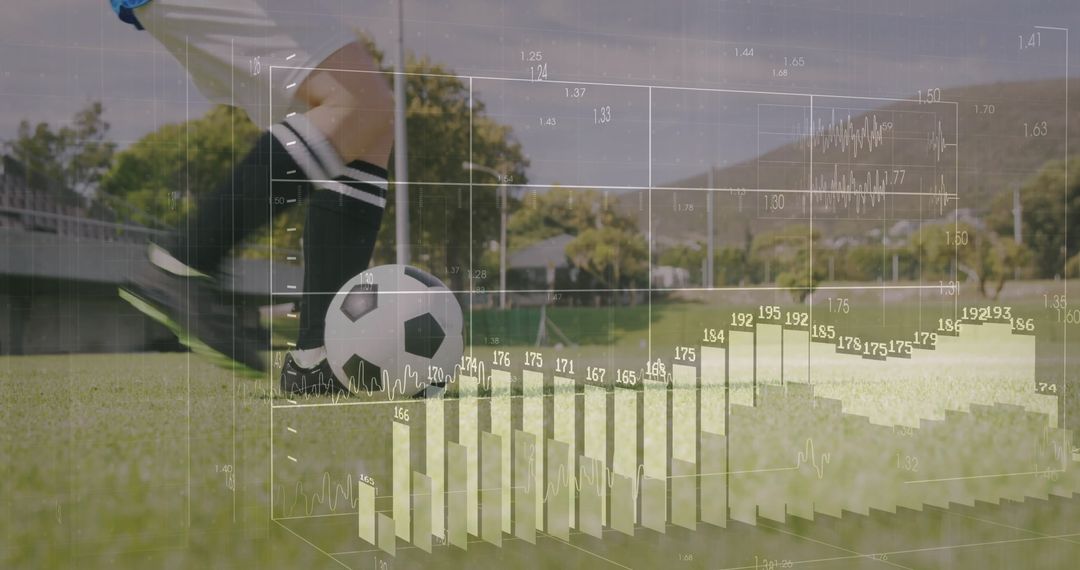 Athlete Dribbling Soccer Ball with Analytics Overlay on Field