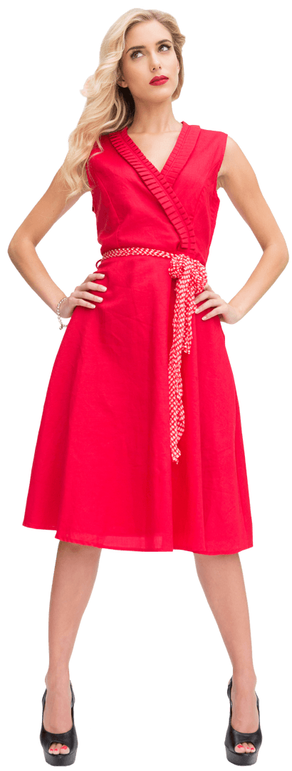 Elegant Blonde Posing Confidently in Vibrant Red Dress