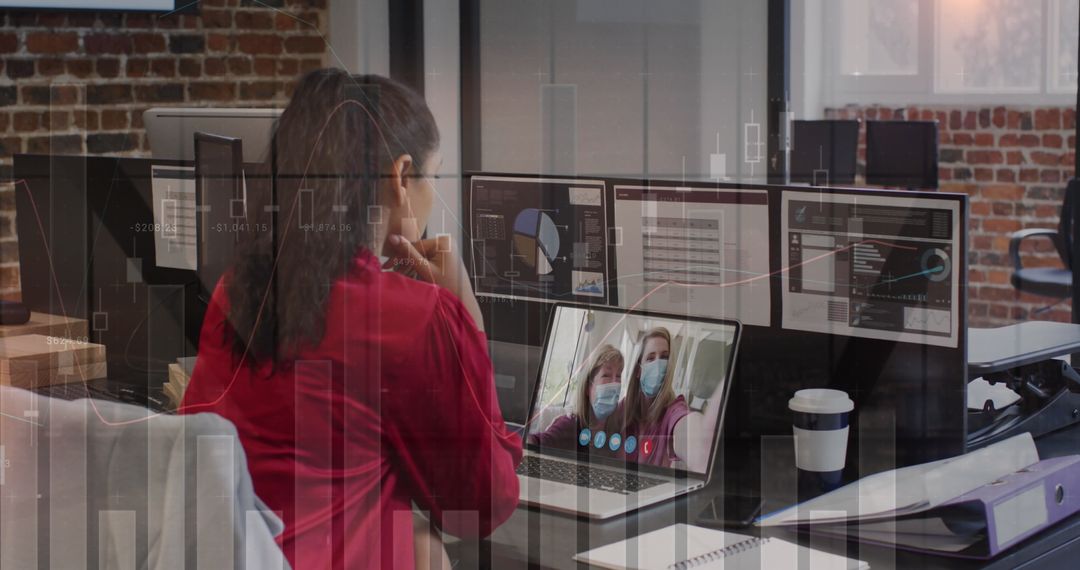 Woman Engaged in Virtual Business Meeting with Financial Data Overlay