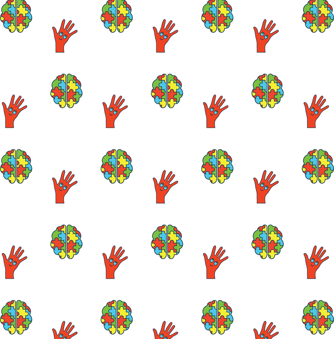 Puzzle Piece Brain and Red Hand Pattern Autism Awareness Transparent Background