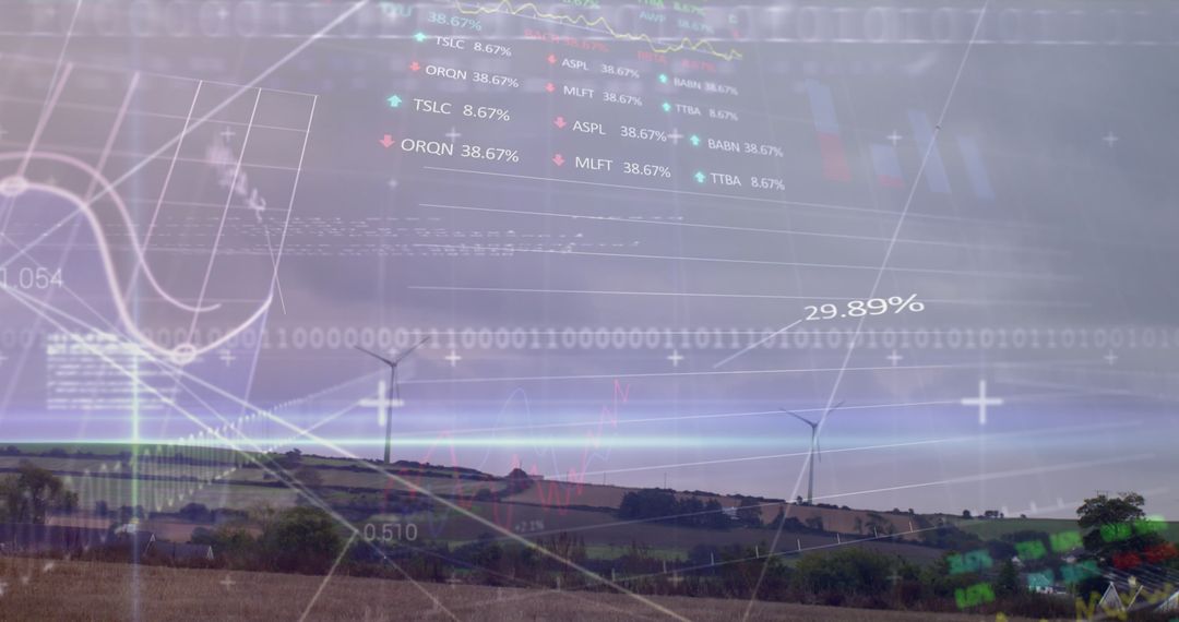 Financial Data Overlay with Wind Turbines in Countryside