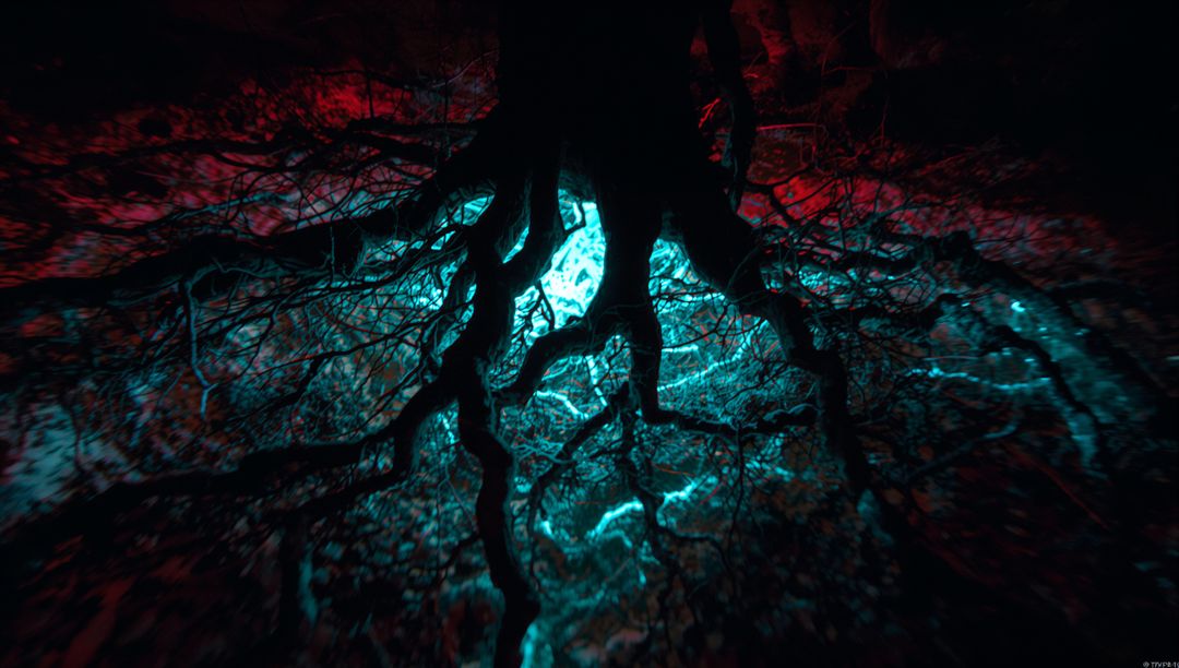 Glowing Mystical Roots in a Subterranean Chamber