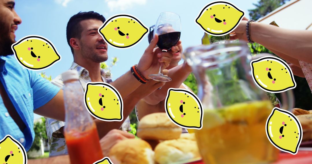 Friends Celebrating with Drinks on Sunny Day and Lemon Decor