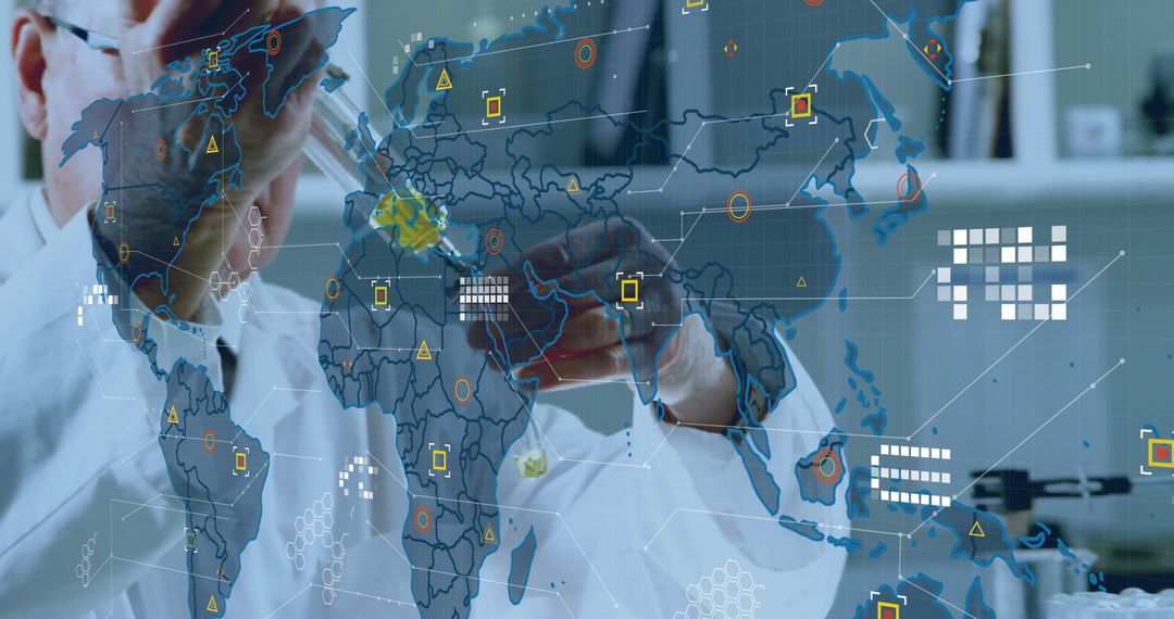 Scientist Analyzing Global Data with Advanced Technology Overlay