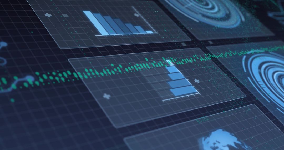 Futuristic Digital Dashboard Featuring Green Waveform and Blue Bar Charts