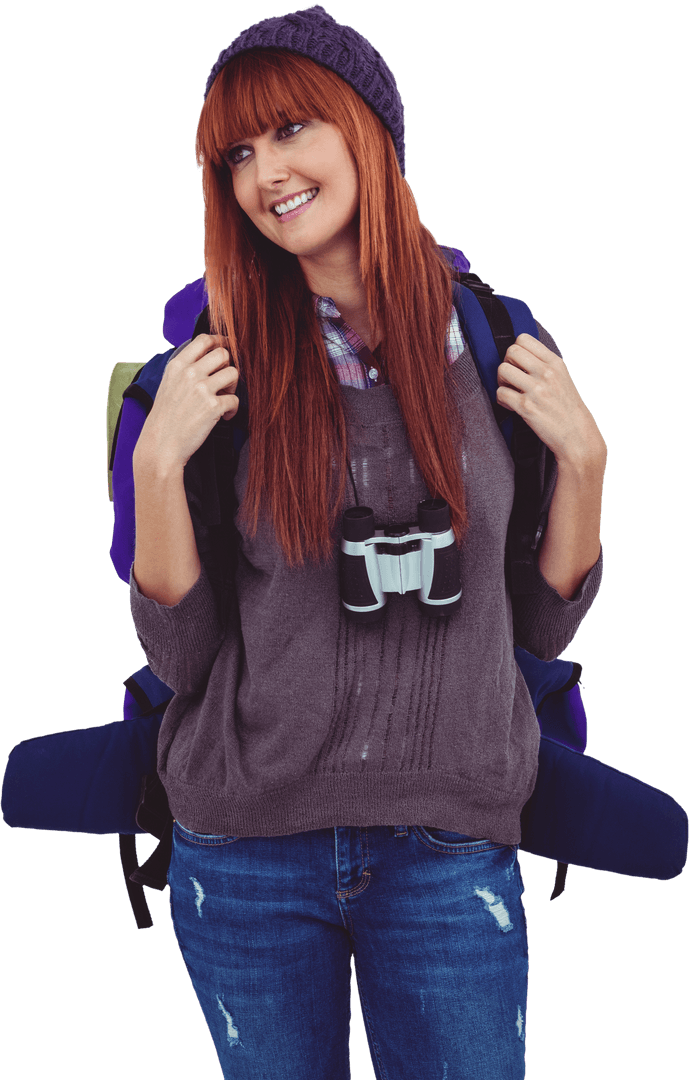 Hipster Woman Traveling With Backpack and Binoculars, Transparent Background