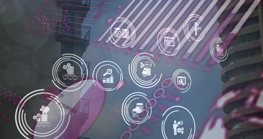 Digital Icons Overlay on Urban Cityscape Representing Innovation and Connectivity