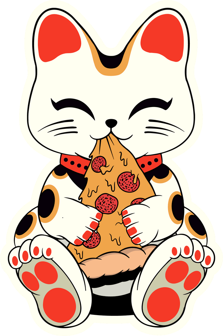 Cartoon Transparent Calico Cat Biting Pepperoni Pizza