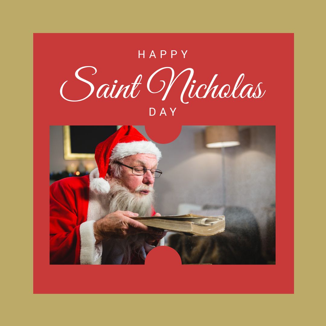 Santa Claus Blowing Dust Off Vintage Book for Saint Nicholas Day