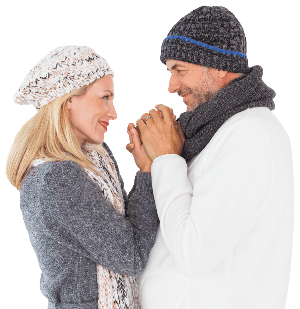 Smiling Winter Couple Holding Hands on Transparent Background