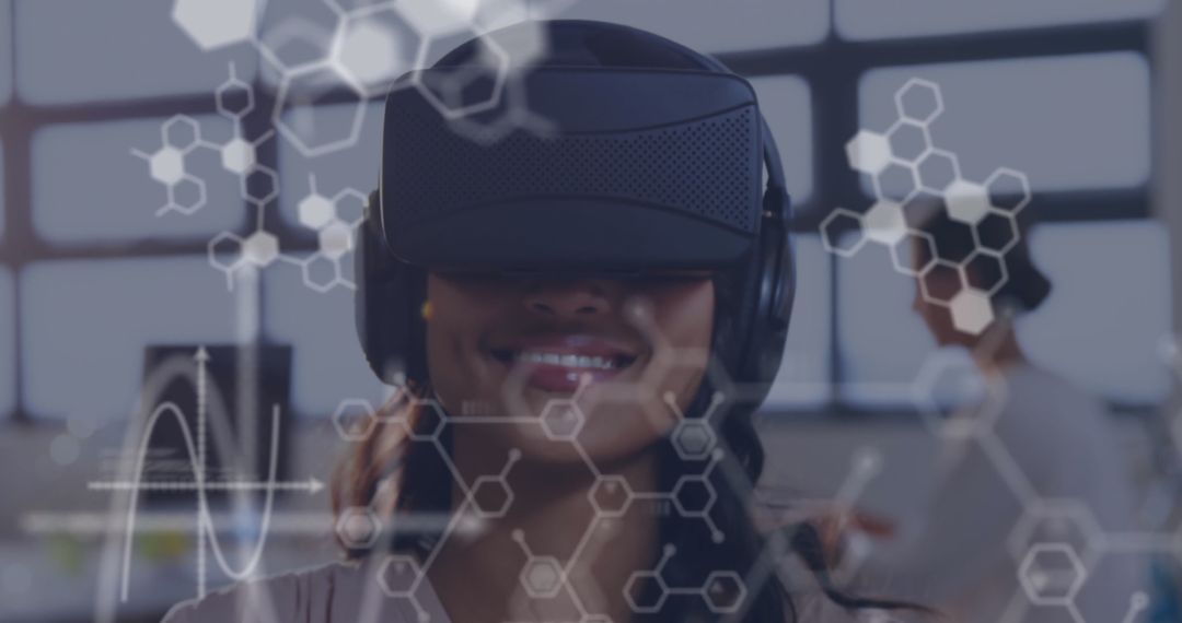 Young Woman Exploring Virtual Reality with Scientific Data Overlay