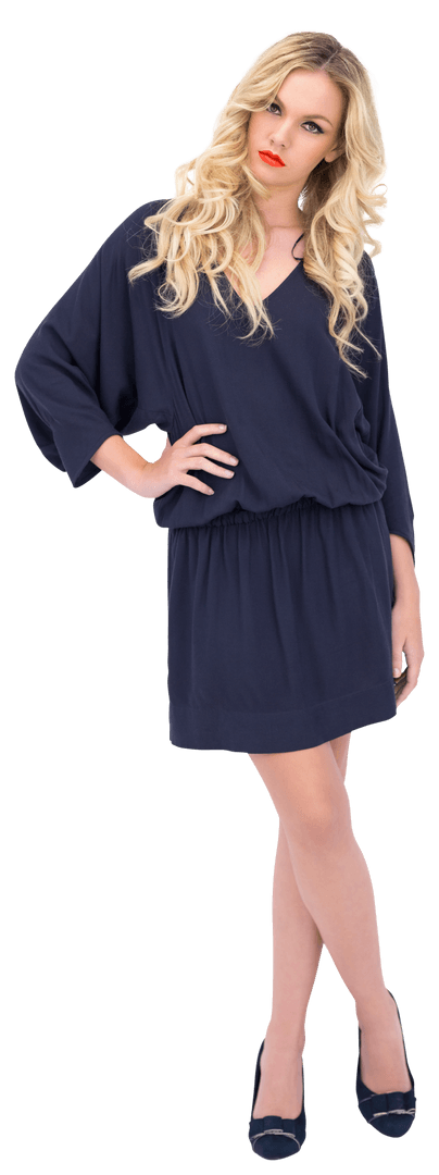 Elegant Model in Navy Blue Dress on Transparent Background