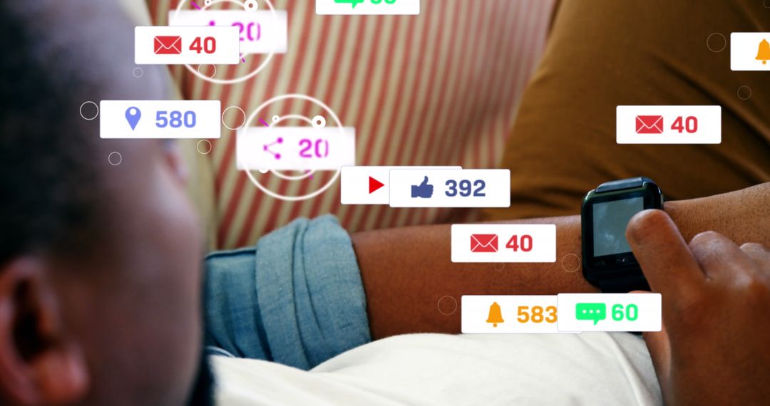 Engaged Social Media User Checking Smartwatch for Notifications at Home