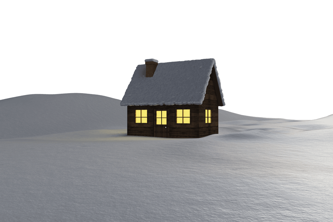 Cozy Snow-Covered Cabin with Glowing Windows on Transparent Background