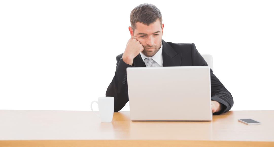Businessman Deep in Thought at Work on Transparent Background