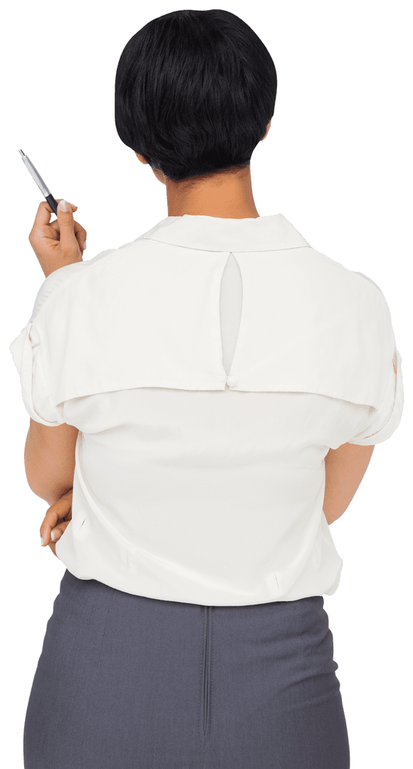 Back View Modern Businesswoman with Pen on Transparent Background