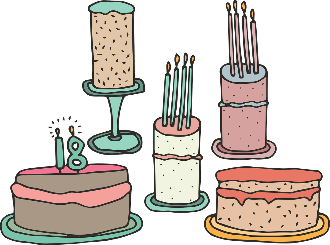 Assorted Birthday Cakes with Candles Transparent Illustration