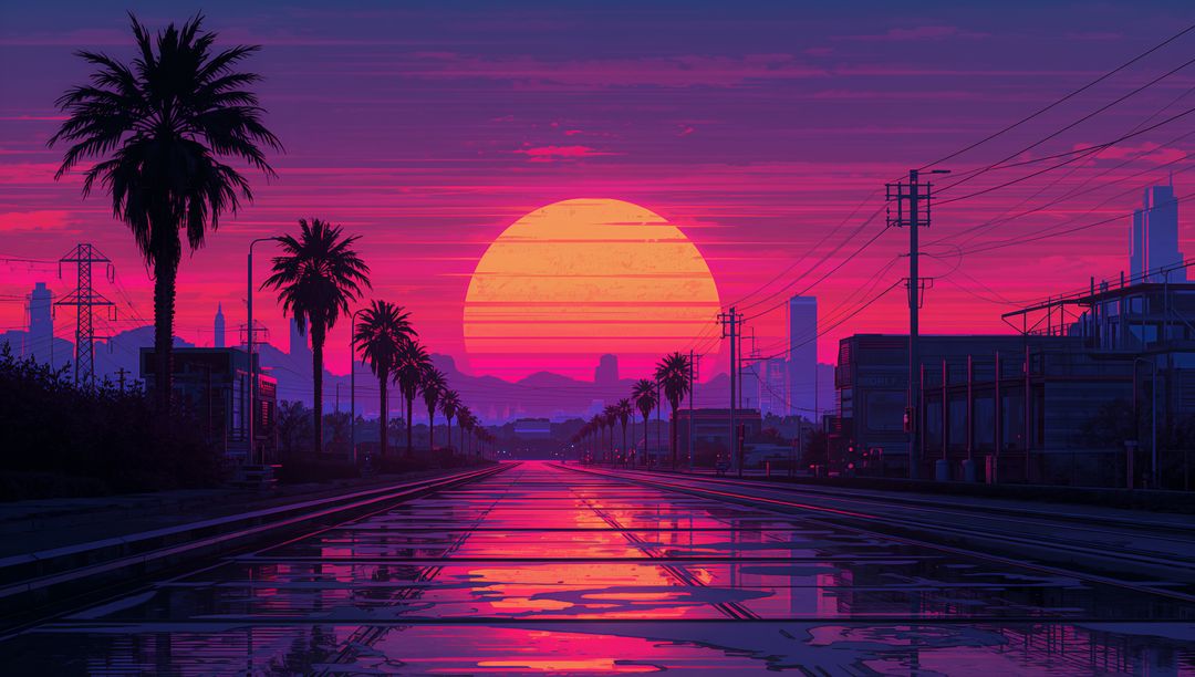 Glowing Neon Sunset Reflecting on Wet Urban Roadway with Palm Silhouettes and Power Lines