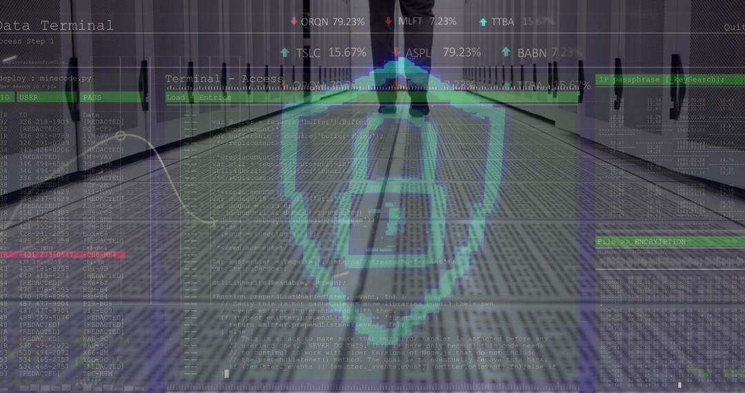 Engineer Walks in Data Center Overlayed with Cybersecurity Icon