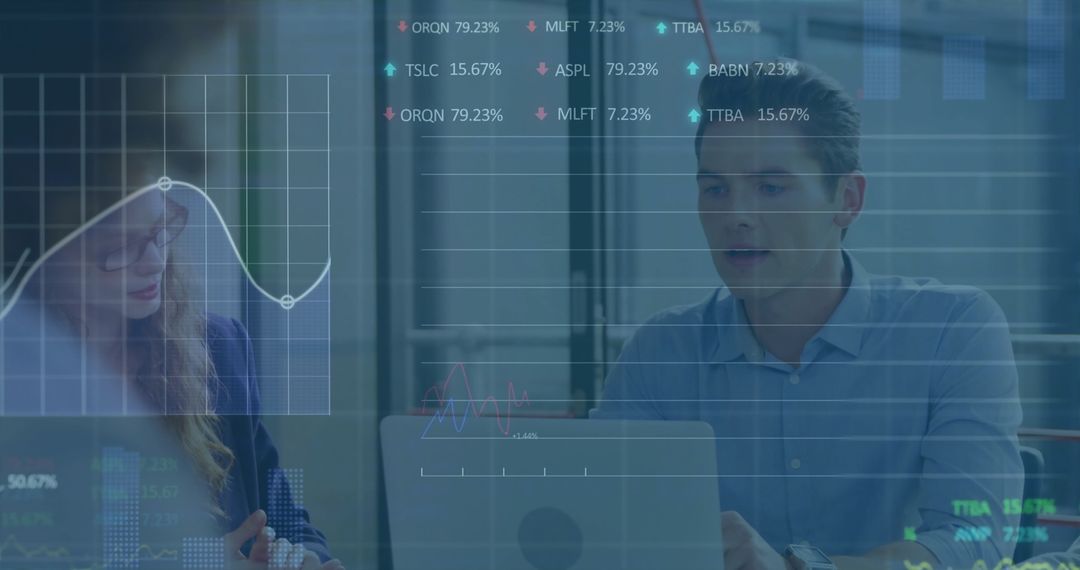 Financial Analysts Discussing Stock Market Data in Corporate Setting