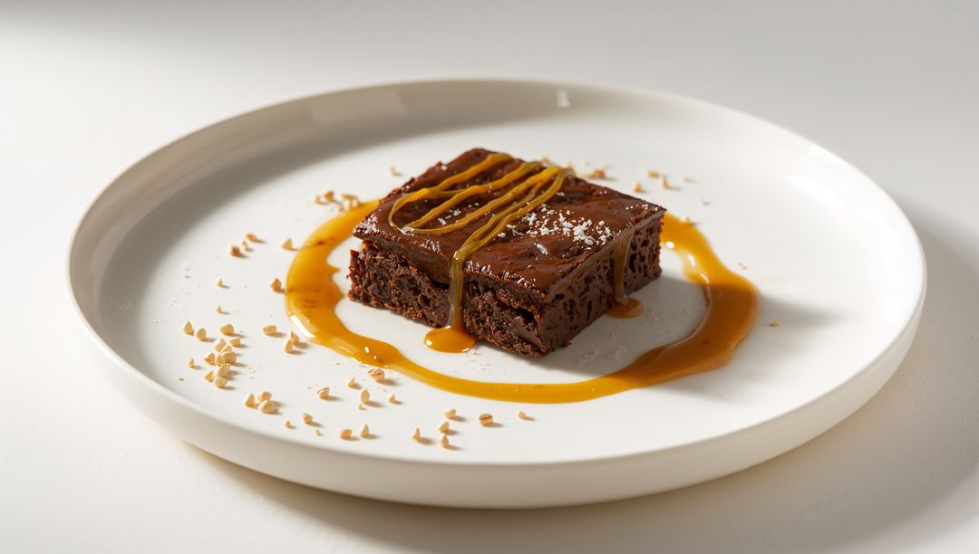 Glistening Chocolate Brownie Drizzling Caramel Sauce with Sea Salt and Nut Bits